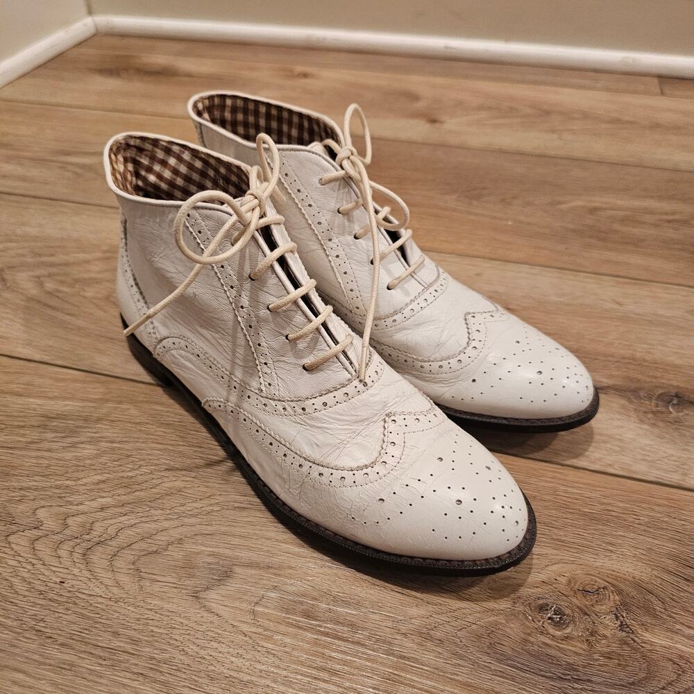 F-Troupe Women's Vintage Style White Oxford Ankle Boots Size 41